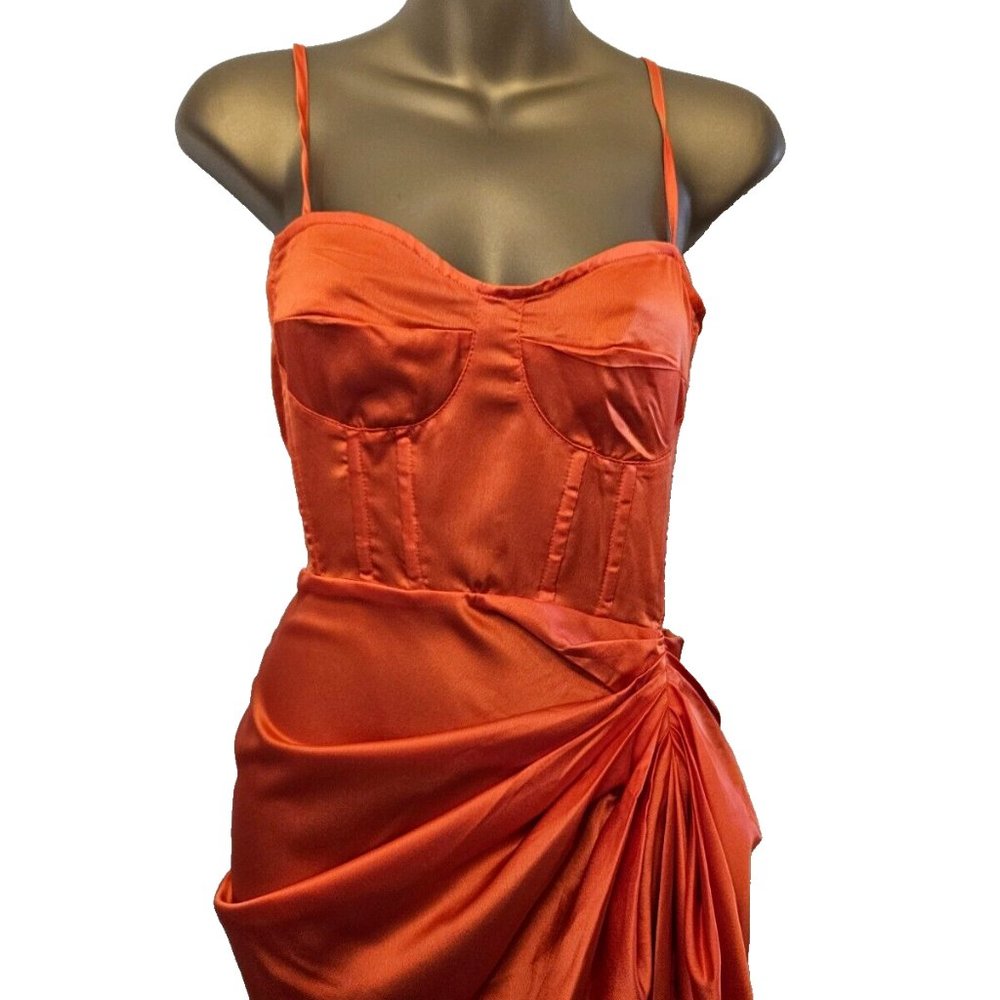 Pretty Little Thing corset dress size 8 bright orange satin ruched skirt New - Picture 6 of 12